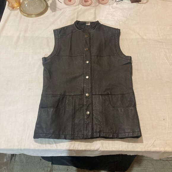 vtg sleeveless black leather western cowboy biker motorcycle womens vest - Picture 1 of 5